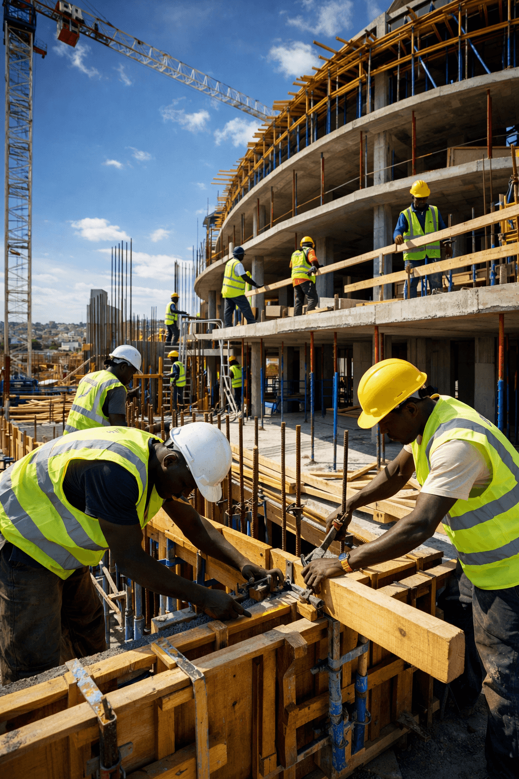 Chantier de construction — ouvriers et coffrages